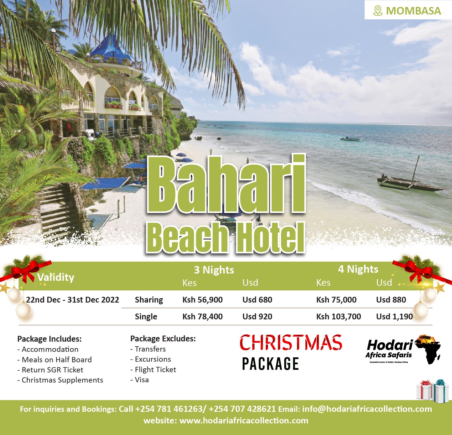 Bahari beach Hotel Christmas Package